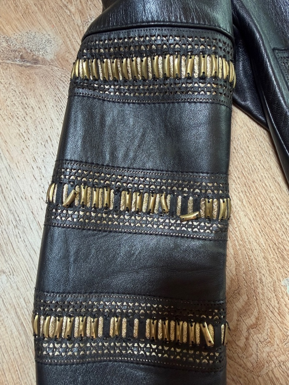 Alice + Olivia Black Leather Moto Jacket with Gold Accent Trim - Picture 5 of 5